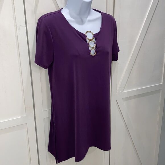 JM Collection Oversized Tunic Top In Purple With Gold Tone Circle Detail Size S - Picture 3 of 11